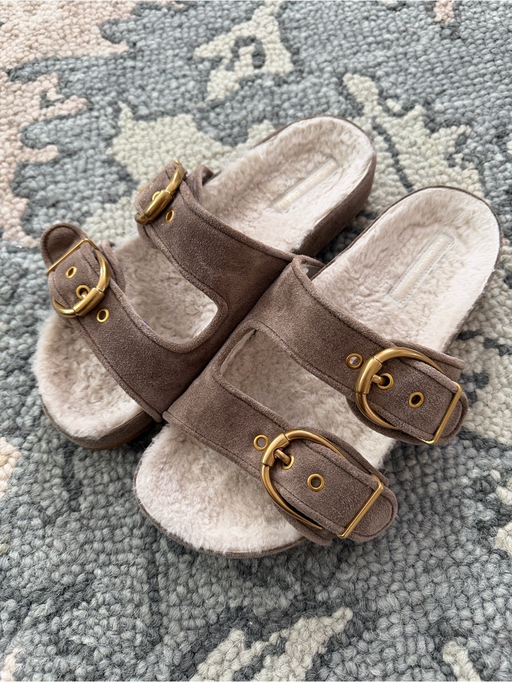 Veronica Beard Prue Shearling Lined Suede Buckle Slide Sandals 8.5 brown